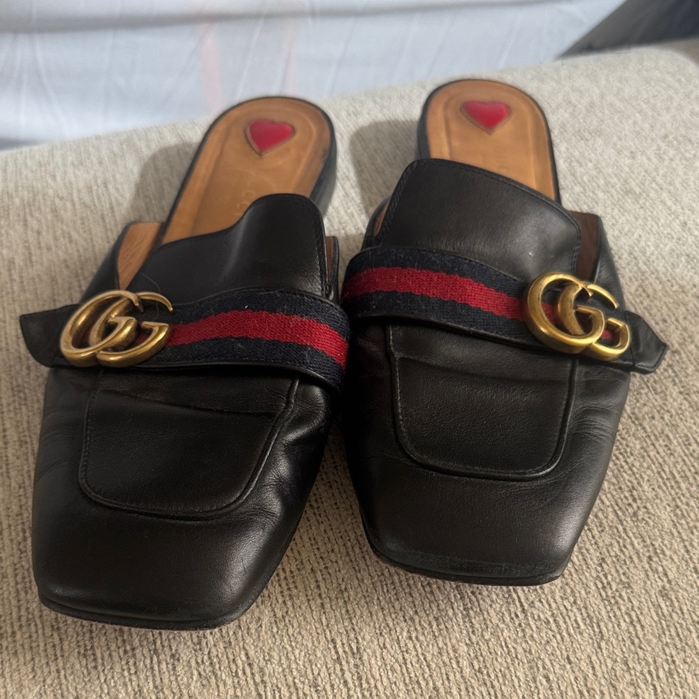 Gucci Black Leather Mules with Red and Gold Details